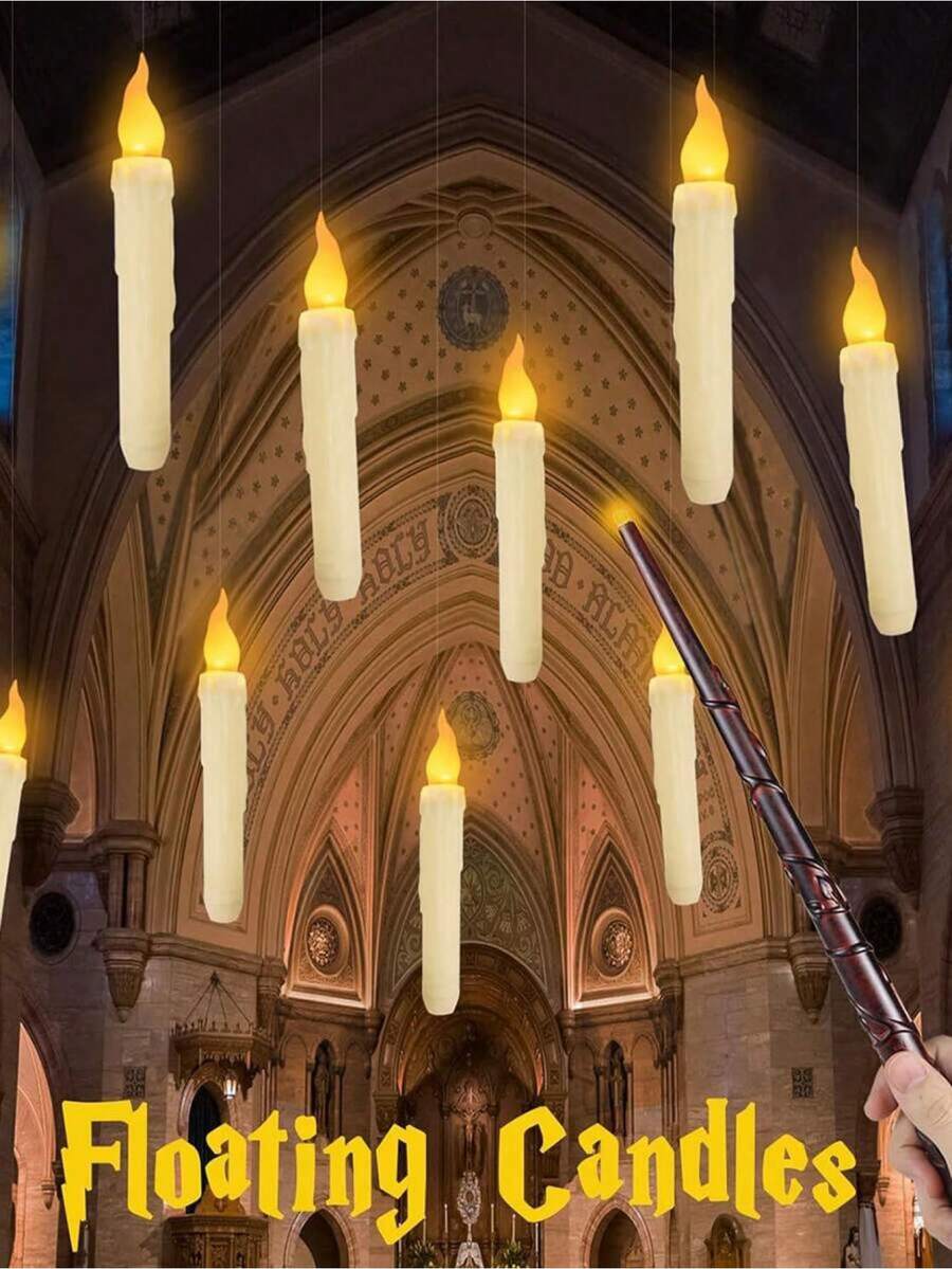 26pcs (12pcs 17cm/6.7in Candles, 12pcs 2cm/0.8in Hooks, 1pc 33.2cm/13.1in Magic Wand, 1pc 30m/9.8ft Fishing Line) Floating Candles With Magic Wand, Flameless Flickering Warm Light LED Taper Candles With Remote Control, Battery Powered For Christmas, Home, Wedding, Birthday Party Decor - Multicolor - View 1