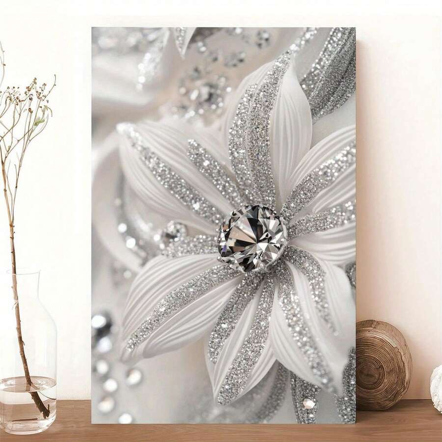 Elegant White And Silvery Floral Canvas Wall Art With Sparkling Diamonds - Modern Wooden Frame, Perfect For Birthday Parties, Mother'S Day, New Year, Easter - Ideal For Living Room, Office, Or Bathroom Decor, Office Wall Art | Elegant Wall Art | Wooden Frame Art, Wall Decor,Room Ready To Hang Wrapped Canvas With Frame,Can Be Hung - 銀色 - 查看 1