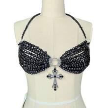 Glossmoon European And American Style Black Cool Cross Pendant Bra Chain Sexy Multi-Layer Beaded Body Chain Light Luxury High-End Beachwear Sexy Elegant Accessories - 黑色 - 查看 7
