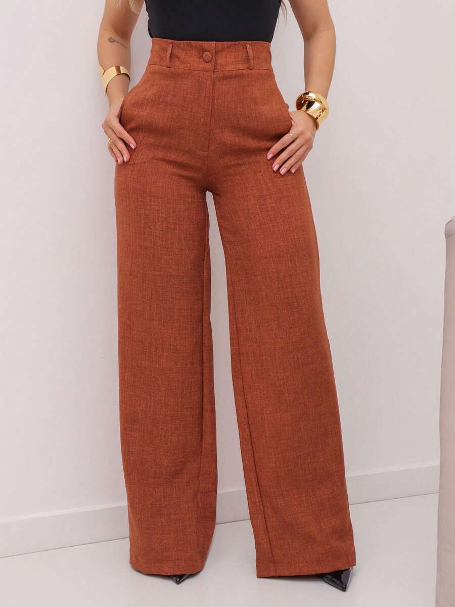YING ZI Wide Leg Linen Tailored Formal Pants - Rust Brown - View 1