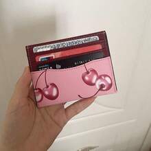 Slim Card Case For Women Leather Credit Card Holder With Cherry Print Red - Đỏ - Xem 5