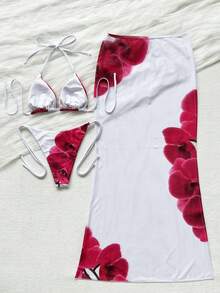 女款優雅紅白色花卉印花泳衣套裝，適合春夏海灘度假、海邊活動與假日穿著 - 彩色 - 查看 4