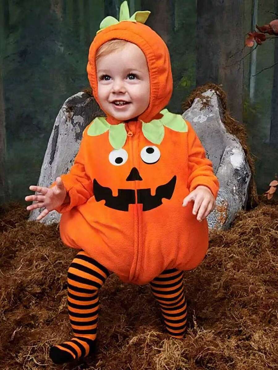 Kids' Halloween Pumpkin & Scary Face Jumpsuit, Cute Baby Hooded Romper + Striped Pants Set