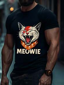 1pc Meow Cat Tank Top, Hine Washable T- Shirt, Timeless& Versatile Style, Mens Shirts, Pair With Jeans For A Casual Yet Stylish Date Night Look,Personalized  Graphic T-Shirt ,Black Casual Short Sleeves, 100% Cotton, Men's T-Shirt,,Funny Graphic T Shirts,S-XXXL,Fall Clothes,Halloween Clothes - 黑色-1 - 查看 2