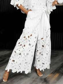 (1piece)Women's Solid-Color Sexy Cut Out Large-Flower Embroidered Lace Up Wide-Leg Pants,Casual Long Pants, No Top,Gothic Style