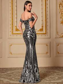UNITHORSE [Random Cut] Women's Off-Shoulder Backless Dress, Shiny Sequin Elegant Evening Gown, Bridal Dress, Birthday Dress, Graduation Dress, Formal Dress - Silver - View 2