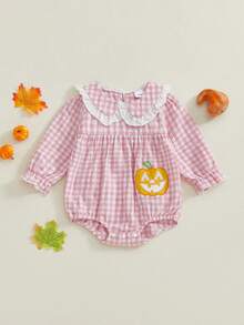 Baby Girls Romper, Long Sleeve Doll Collar Plaid Embroidery Pumpkin Bodysuit Newborn Halloween Costume