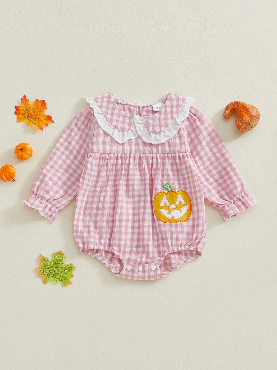 Baby Girls Romper, Long Sleeve Doll Collar Plaid Embroidery Pumpkin Bodysuit Newborn Halloween Costume
