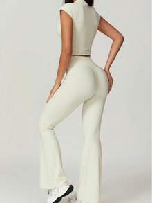 2Piece Set Women's Solid Crop High Waist Biker Pants Tracksuit Set, Flare Bottoms Legging Streetwear Tracksuit, Sporty Breathable Comfy Outfits For Gym Workout Running, Ladies Sportswear, Minimalistic Outfit - 白色 - 查看 3