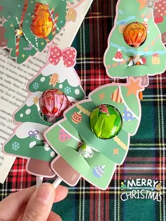 72pcs Christmas Lollipop Card Decorations, Party Lollipop Card Inserts, DIY Christmas Candy Gifts, Christmas Tree Lollipop Card Decorations, Suitable For Christmas Eve, Christmas, Winter Festival Party Decor