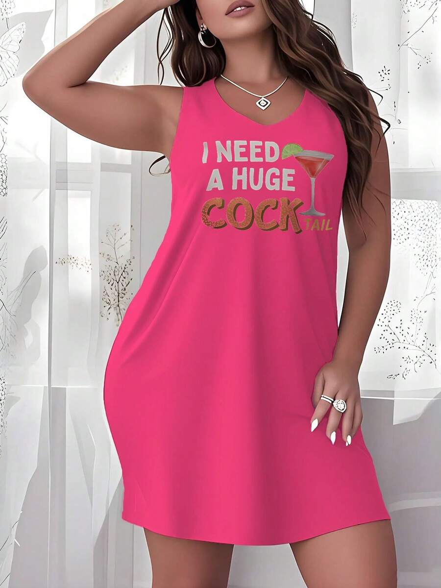 Plus Size Womens Nightdress I Need A Huge COCKtail Nightdress, Cute Sleeveless Crew Neck Sleepwear Dress, Fashion And Casual Summer Beautiful Nightgown For Lady Girls And Women Sleep Wear, Nice Gift For Lady - 粉色 - 查看 1