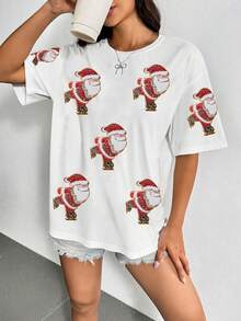 Christmas Santa Claus Sequin Decor Round Neck Short Sleeve T-Shirt - White - View 3
