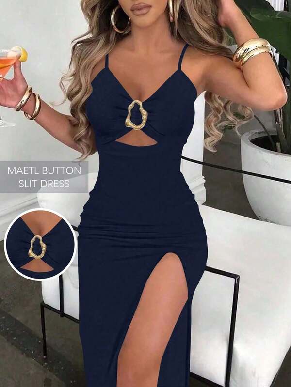 Vestido de slip con abertura frontal hueca y decoración asimétrica de metal, nuevas llegadas de verano, atuendos para citas nocturnas, vestido de fiesta para mujeres