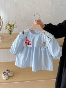 Autumn Baby Girls' Navy Collar Embroidered Long Sleeve Dress - Baby Blue - View 2