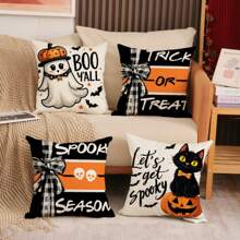 4 件万圣节枕套，可爱幽灵和黑猫条纹设计，黑白卡通单面印花拉链靠垫套，万圣节家居装饰，适用于家庭、客厅、沙发、床、户外露台，不含枕芯，18 X 18 英寸 - 黑與白 - 查看 1