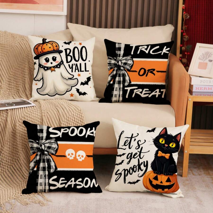 4 件万圣节枕套，可爱幽灵和黑猫条纹设计，黑白卡通单面印花拉链靠垫套，万圣节家居装饰，适用于家庭、客厅、沙发、床、户外露台，不含枕芯，18 X 18 英寸 - 黑與白 - 查看 1