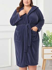 1件珊瑚绒纯色男女通用成人连帽浴袍，毛绒睡衣，男士圣诞礼物，吸水柔软不掉毛家居服法兰绒浴袍 - 深灰色 - 查看 10