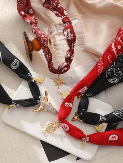 1pc Bohemian Style Fashionable Luxury Elegant Precise Ox Heart Sun Boot Print Fabric Necklace, Women's Sisters & Couples Jewelry Gift, Suitable For Valentine's Day, Casual Dates, Parties, Holidays, Christmas, And Other Occasions, Red Jewelry