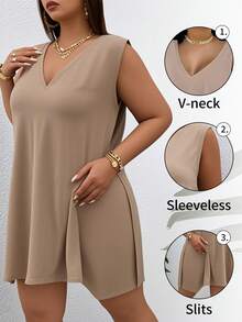 1pc Plus Size Women's Sexy Sleeveless, Soft And Comfortable Loose V-Neck With Elastic, Skin-Friendly And Breathable, Simple And Elegant Clothing - 棕色 - 查看 1
