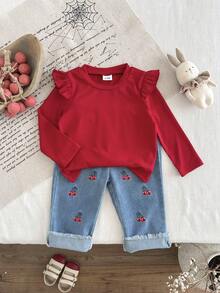 2 件女婴盖袖长袖 T 恤和樱桃刺绣直筒牛仔裤，复古街头可爱装扮，适合外出、居家、派对 - 紅色 - 查看 9