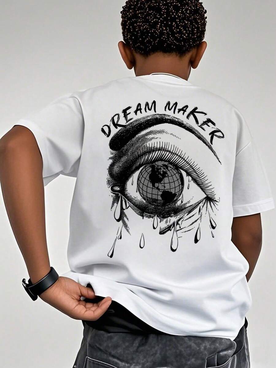 1pc Boys' Casual Printed Round Neck Short Sleeve T-Shirt, Summer Student Youth Clothing - Artistic Style T-Shirt Brings Joy And Happiness To Every Child! - White - View 1