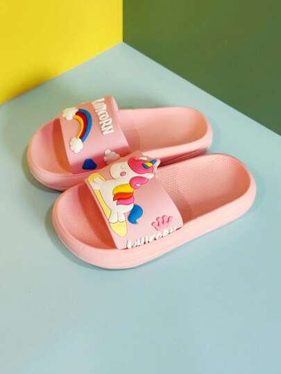 1 par de chanclas planas de EVA con diseño de unicornio arcoíris para niños, aptas para interiores/exteriores, hogar, baño, verano
