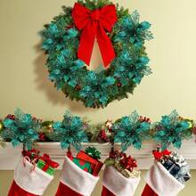 1/10pcs Glitter Poinsettia Decoration Flowers With Clips, Rose Gold Glitter Mesh Leaves Artificial Poinsettia Flowers For Christmas Tree, Christmas And New Year Holiday Decorations, Shiny Artificial Christmas Flowers For Rose Gold Christmas Tree, Wedding Table Decor (Dark Green)