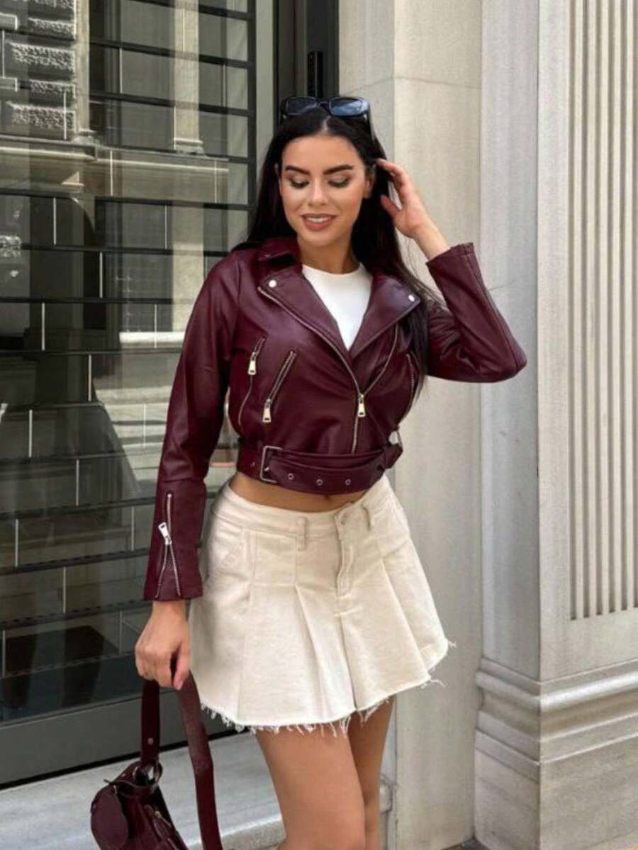 Women's Solid Color Zipper Button Backless Leather Jacket - Burgundy - View 1