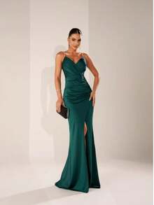 Formal Cocktail Party Dress Wedding Bridesmaid Guest With Slit - Xanh ngọc lục bảo - Xem 2