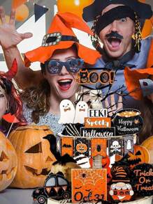 15pcs Halloween Tiered Tray Decor Cute Halloween Wooden Signs Black And Orange Ghosts Halloween, Adorable Halloween Wooden Signs Farmhouse Rustic Tray Decorations For Home Dining Table House Room Kitchen Party (No Tray No Lights)