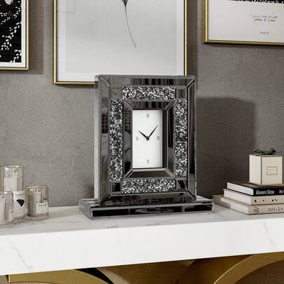 Modern Glam Mirrored Crystal Table Clock With Roman Numerals - Luxurious Decorative Desk Clock For Living Room & Bedroom