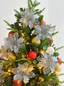 12 件/6 件/1 件人造一品红夹子，可爱的人造一品红花朵，用于圣诞树装饰，可重复使用的闪光一品红花朵，DIY 花环，家居装饰，婚礼派对，节日派对装饰，圣诞节/节日/季节性/婚礼圣诞树饰品，闪亮的冬季灌木装饰，适用于圣诞节、新年、婚礼、花环、楼梯、窗户、壁炉、圣诞树