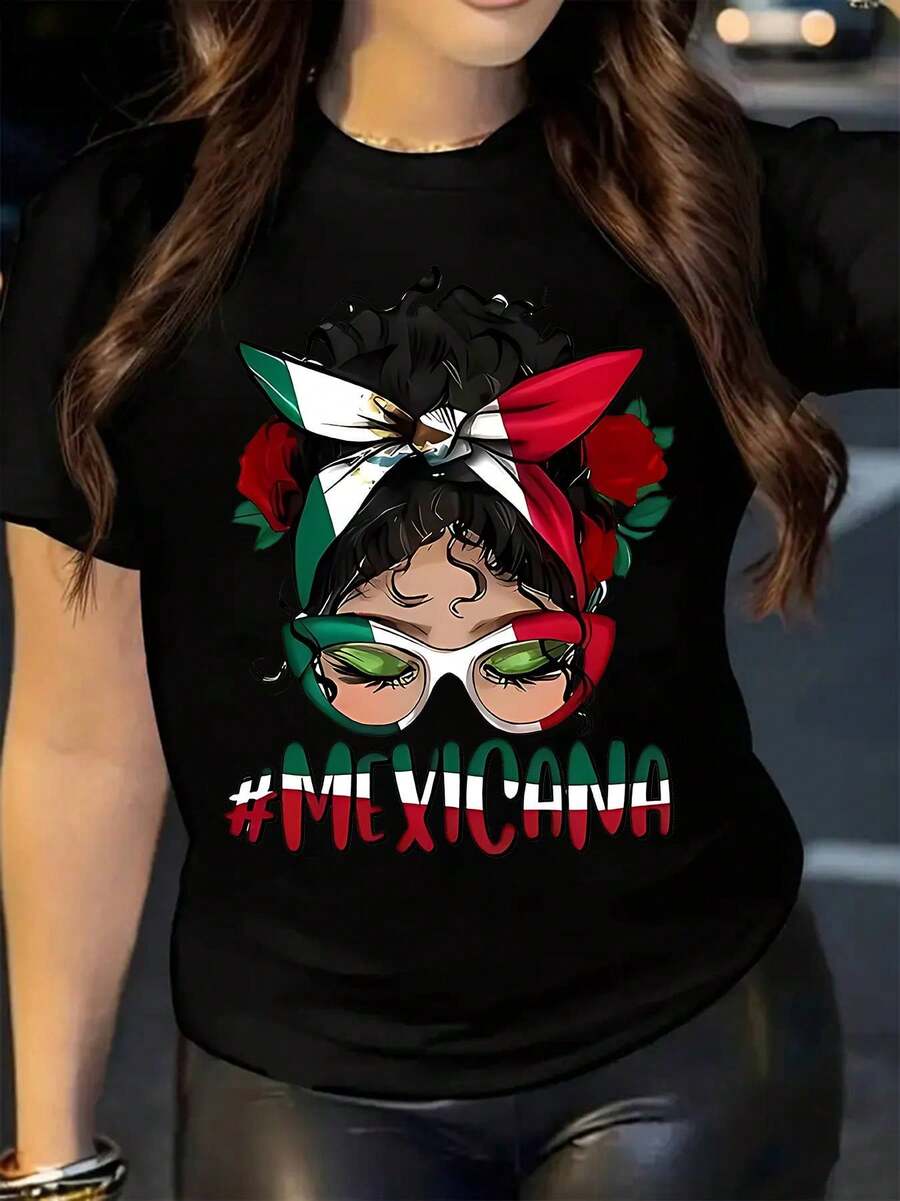 1pc, Camiseta Casual De Mujer 100% Algodón Con Estampado Mexicano - Manga Corta, Cuello Redondo, Moda Primavera/Verano, Regalo Perfecto Para Hermana O Esposa, Diseño Festivo Con Rosas Y Sombrero, Ropa Mexicana | Estampado Vibrante, Ajuste Cómodo - Oscuro - Ver 1