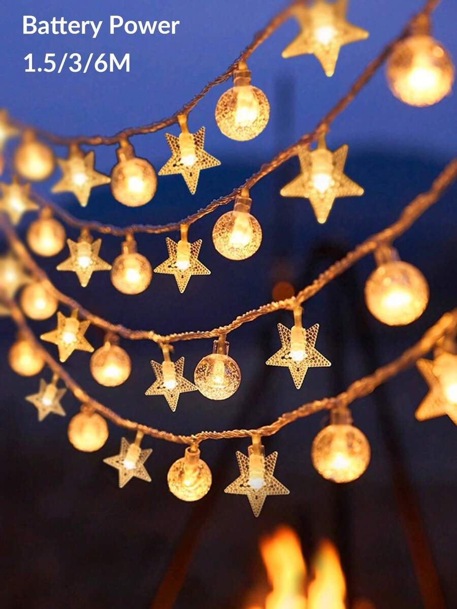 4.92ft/9.84ft/19.68ft LED Crystal Ball Star String Lights, Battery Powered Bubble Star Fairy Lights For Home, Garden, Camping, Party, Wedding, Birthday, Yard Decor - Yellow - View 1