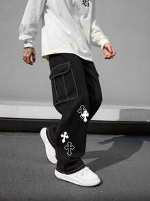 1 paio di pantaloni cargo da uomo multitasche, vestibilità morbida con stampa a croce, adatti per spiaggia, casual, allenamento, sport all'aperto, tutte le stagioni, gamba dritta, stile di moda da strada, regalo per il fidanzato/marito, occasioni speciali, autunno