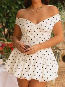 Women's Summer V Neck Off Shoulder Wedding Mini Dresses Backless A Line Puffy Hem Prom Party Gown Y2k Cocktail Bubble Mini Dress - 黑與白 - 查看 7