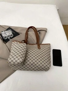 1 件卡其色手提包，全新设计，金属五金装饰，复古花卉 PU，大容量女士单肩包（带小吊坠配件） - 卡其色 - 查看 4