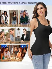 Slimming Women Tummy Control Shapewear Abdomen Compression Camisole Cami Vest Scoop Neck Tank Top Body Shaper Ladies Underwear Undershirts Shaping Tops Shirts Wide Shoulder Strap No Pad - Black - View 5