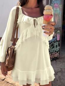 IGKEEL Solid Color Bohemian Style Chiffon Twist Ruffle Hem Long Sleeve Dress, Autumn/Winter - Apricot - View 5