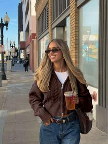 Senya 秋冬新款复古超大翻领双拉链麻花针织开衫，宽松落肩休闲开衫，日常通勤、教师、机场、冬季情人节、新年等场合皆宜 - 咖啡棕 - 查看 1