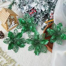 1/10pcs Glitter Poinsettia Decoration Flowers With Clips, Rose Gold Glitter Mesh Leaves Artificial Poinsettia Flowers For Christmas Tree, Christmas And New Year Holiday Decorations, Shiny Artificial Christmas Flowers For Rose Gold Christmas Tree, Wedding Table Decor (Dark Green)