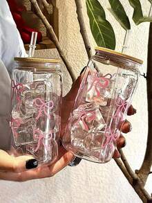 1 件带盖和吸管的蝴蝶结印花水杯，16 盎司罐装水杯，冰咖啡杯，适合茶、果汁、牛奶、生日礼物，适合办公室、餐厅、教室、野餐、派对、情人节和新年。 - 彩色 - 查看 5