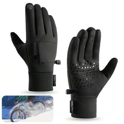 黑色冬季骑行手套，兼容触摸屏，防水，保暖内衬暖手器，防滑硅胶握把，男女皆宜