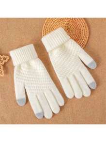 1/4 双女士触屏冬季手套 - 时尚针织连指手套，袖口厚，适合寒冷秋季 - 彩色 - 查看 5