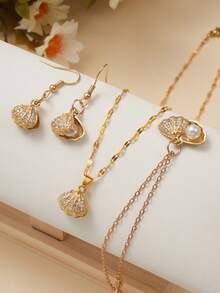 1 件时尚简约微镶嵌锆石仿珍珠贝壳项链，优雅海洋设计人造淡水珍珠项链，情人节送给女友的礼物 - 金色 - 查看 6