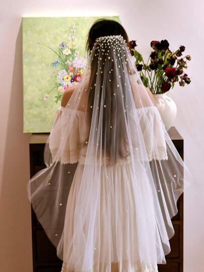 1 pieza Velo de novia de perlas falsas, de una sola capa y longitud hasta la punta de los dedos, adecuado para ceremonias de boda, fotografía nupcial, registro, con peine para el cabello. Ropa de otoño para mujeres
