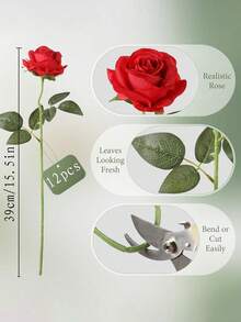 3/6/9/12pcs Artificial Silk Rose Bouquet With Long Stem, Realistic Looking, Ideal For Home Wedding Decoration, Valentine's Day Party, Valentine Day, Gift Gifts Birthday Graduation - 紅色 - 查看 3
