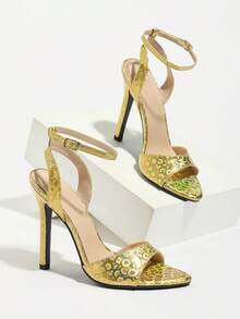 女士圆头纯色金属六角纹理带交叉踝带细高跟凉鞋，优雅时尚迷人派对金色高跟鞋，适合所有季节