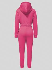 Women's 2 Pieces Thermal Lined Casual Set, Includes Long Sleeve Hoodie Sweatshirt Top And Slim Fit Sweatpants, Autumn/Winter - Hot Pink - View 7