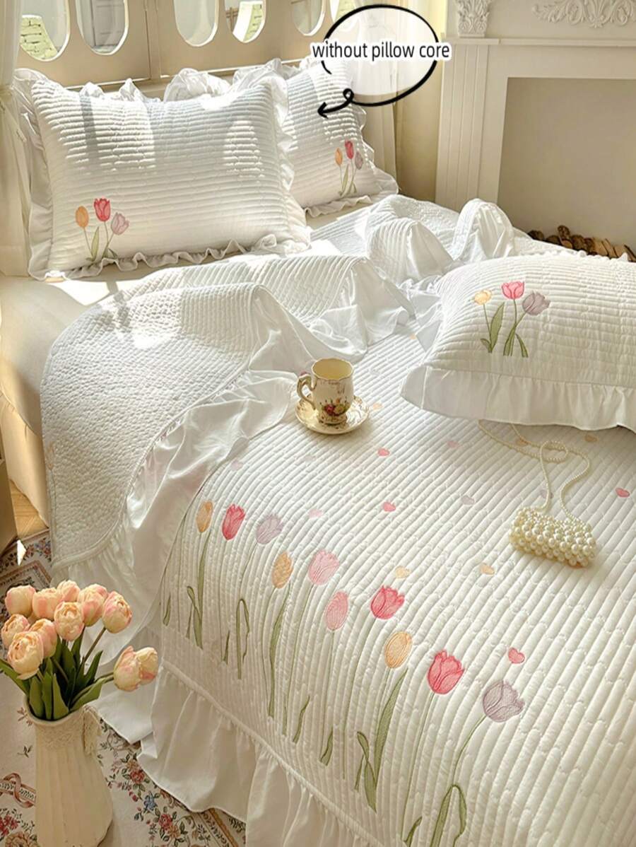 3pcs Floral Embroidery Bedding Set, Quilted Blanket And Pillowcase, Air Conditioning Quilt Blanket